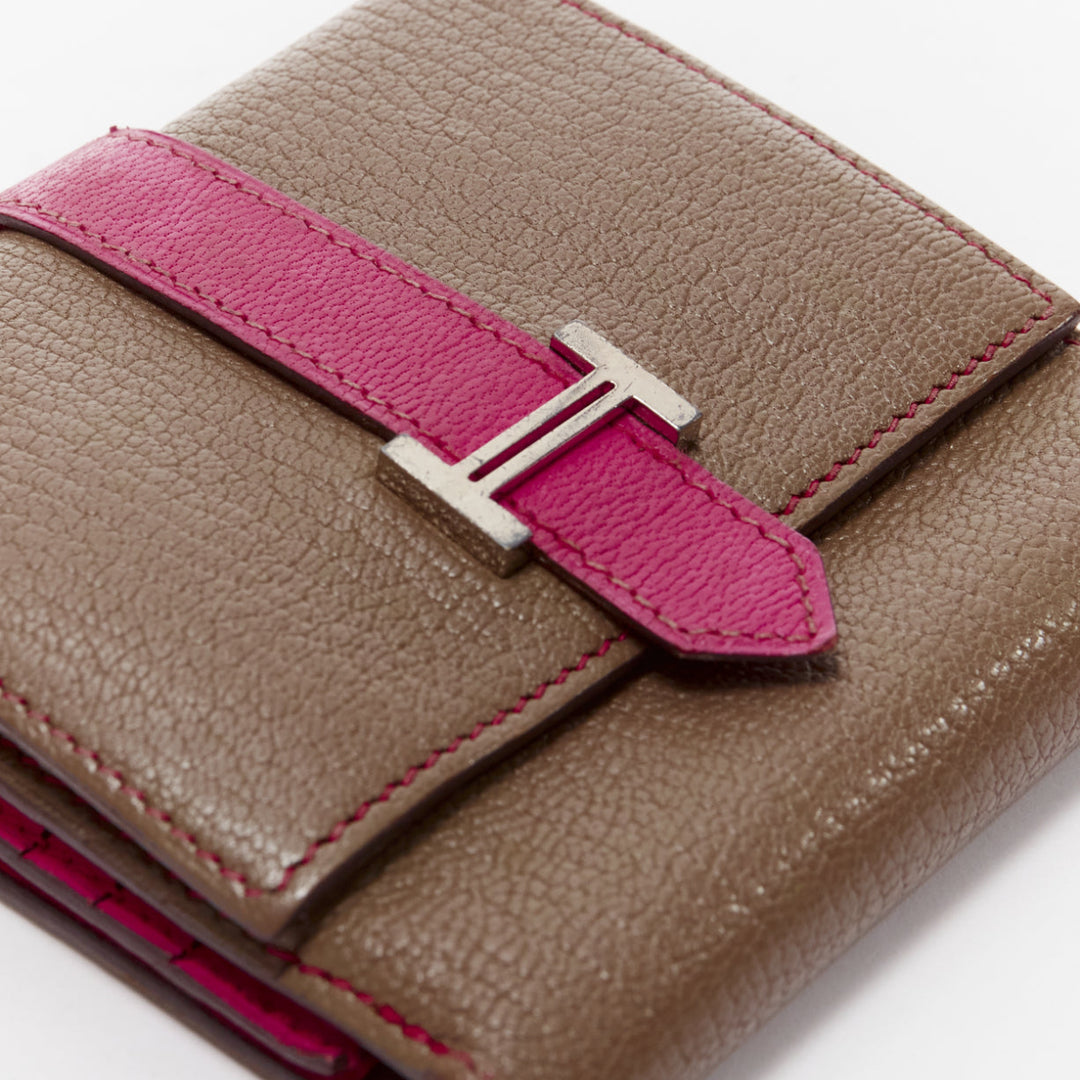 HERMES Bearn brown pink leather H logo strap bifold square wallet