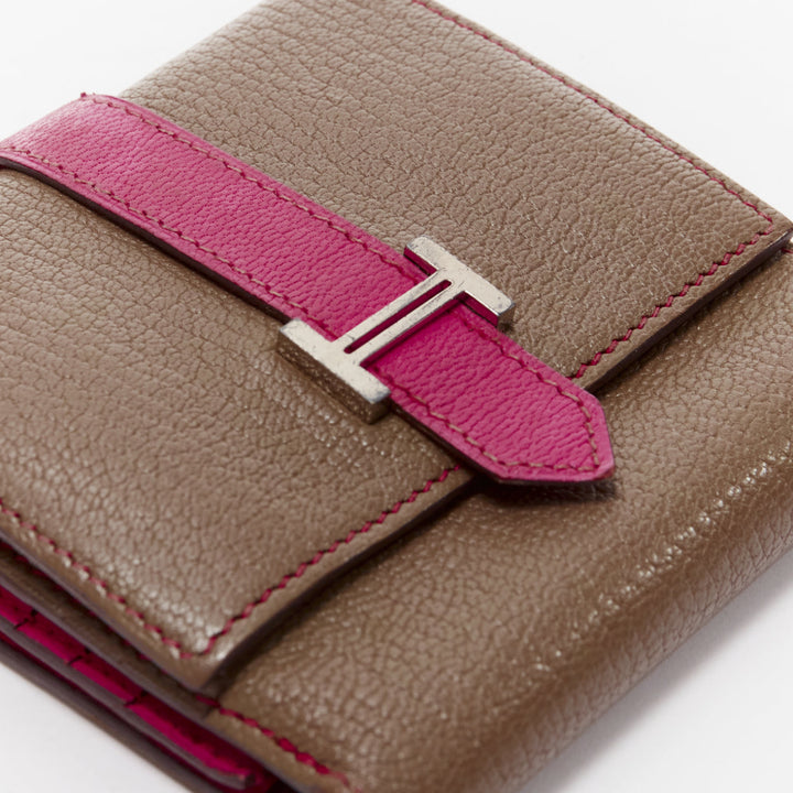 HERMES Bearn brown pink leather H logo strap bifold square wallet