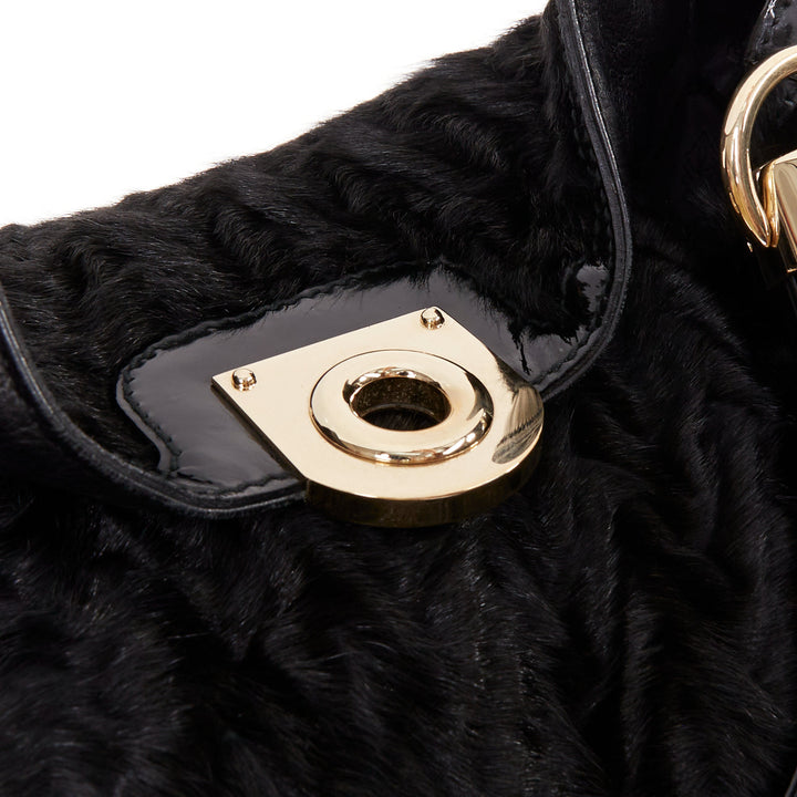 GUCCI Indy black chevron cut fur gold saddle metal handle hobo bag