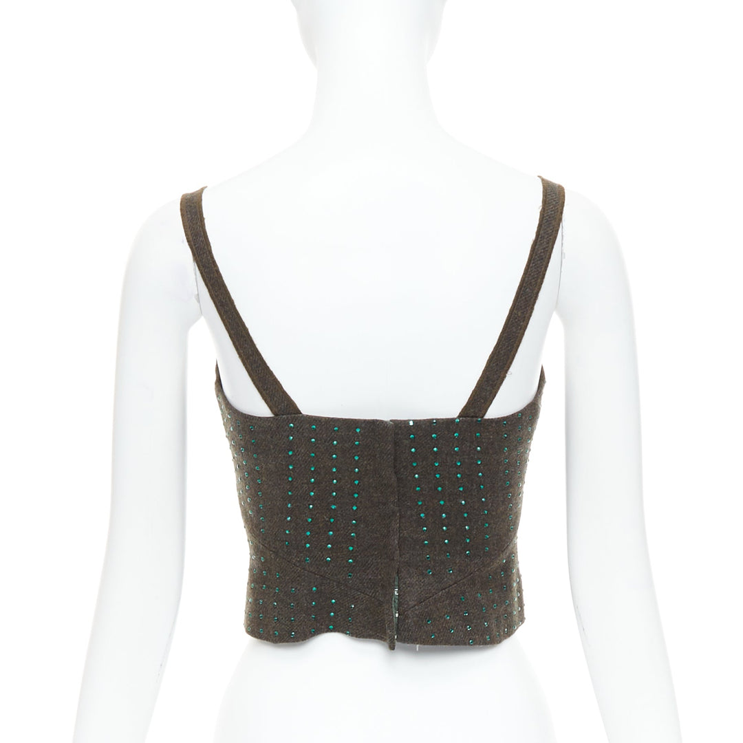 MIU MIU Vintage 1998 Runway fleece wool green crystal bustier top IT38 XS