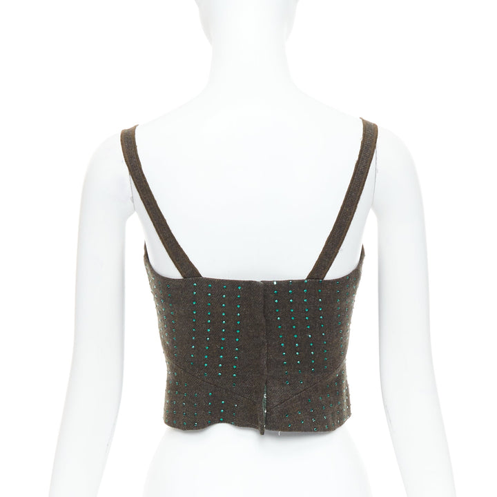 MIU MIU Vintage 1998 Runway fleece wool green crystal bustier top IT38 XS