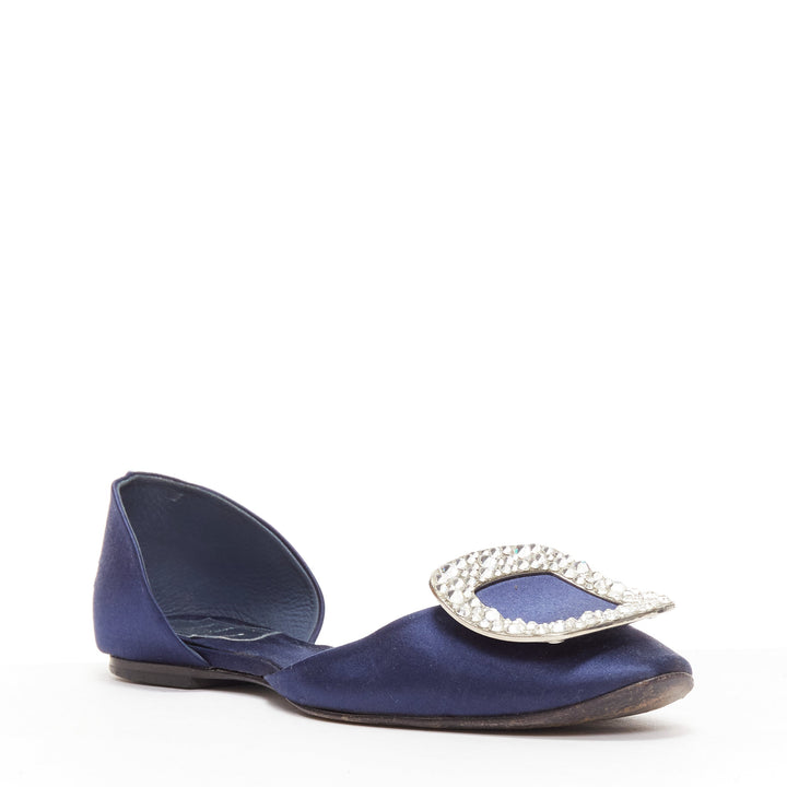 ROGER VIVIER Chips Strass navy satin crystal square buckles flat shoes EU35
