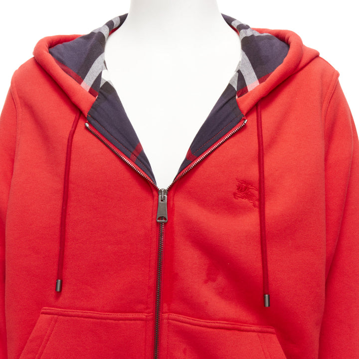 BURBERRY red cotton blend house check lined logo oversized hoodie XS
