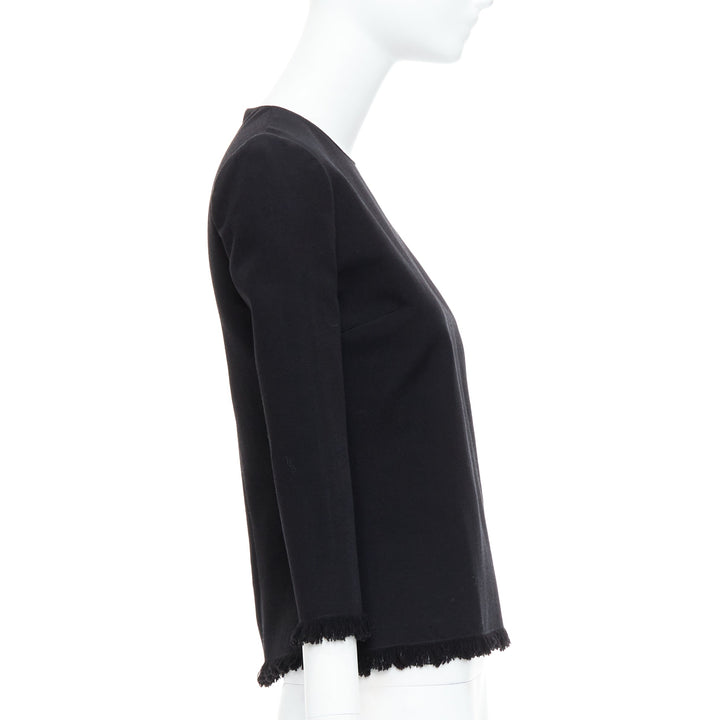 TOM FORD black virgin wool cotton fringe trim crop sleeved fitted top IT36 XXS
