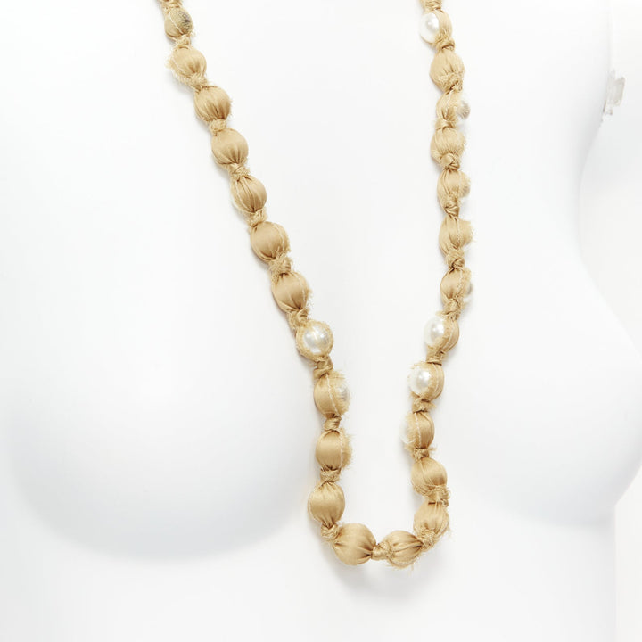 LANVIN ALBER ELBAZ gold silk ribbon cream pearl wrap long necklace