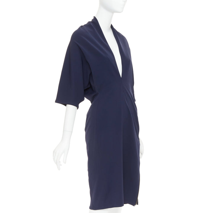 LANVIN 2011 Alber Elbaz navy drape V neck side zip side dolman dress FR40 L