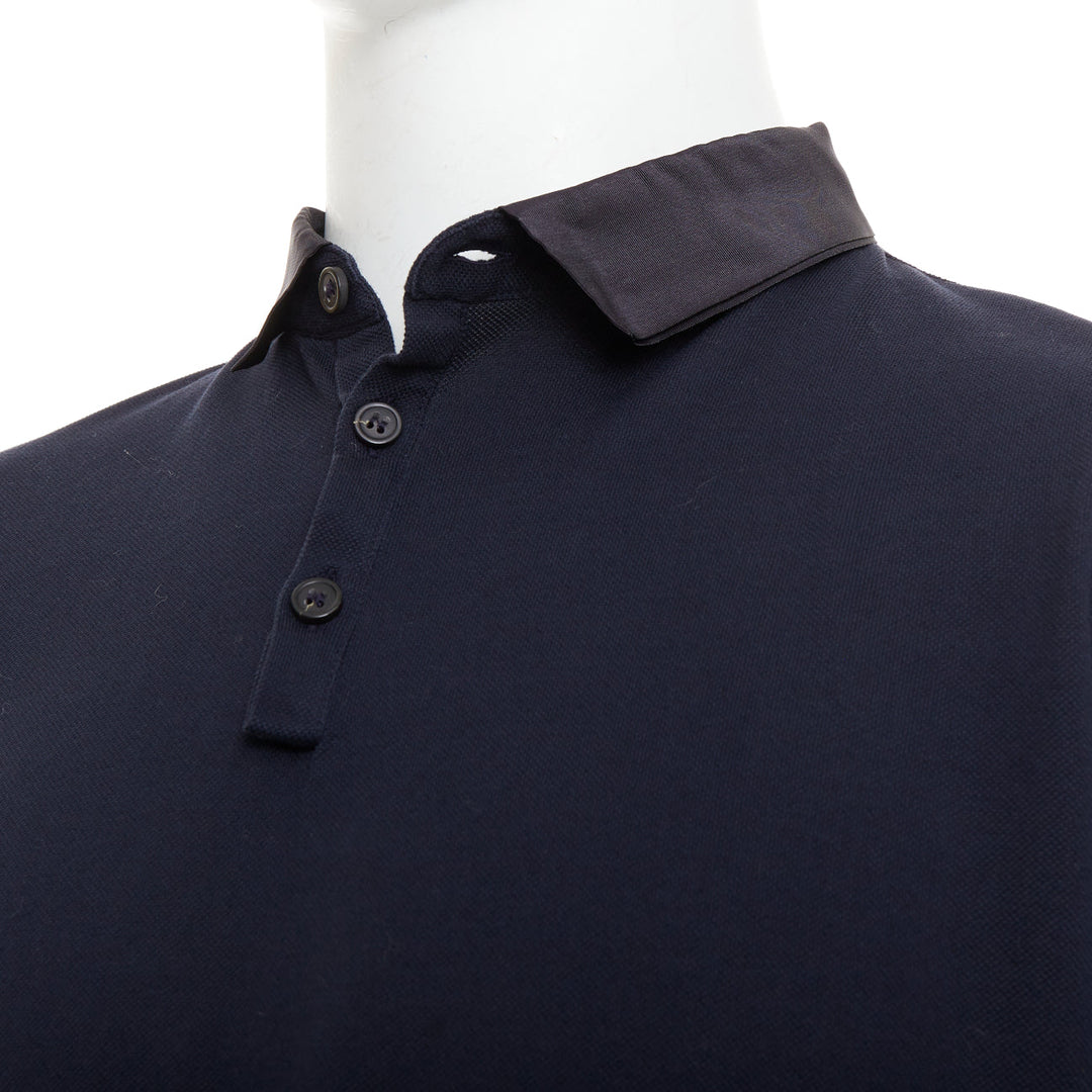 LANVIN navy cotton black grosgrain collar trim short polo shirt M