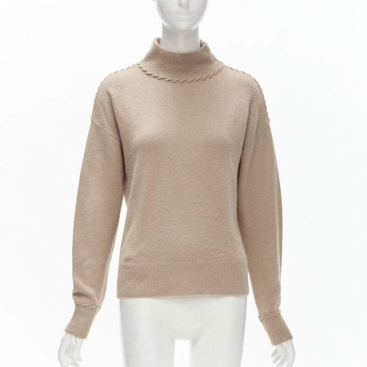 THEORY 100% cashmere light brown whipstitch detail dropped shoulder turtleneck S