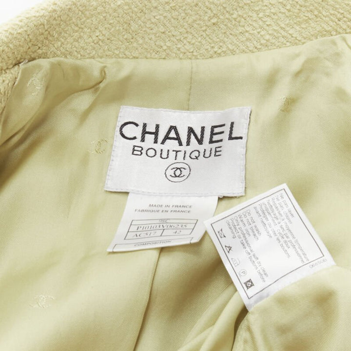 CHANEL 98C Vintage pastel yellow tweed CC button long jacket FR42 L