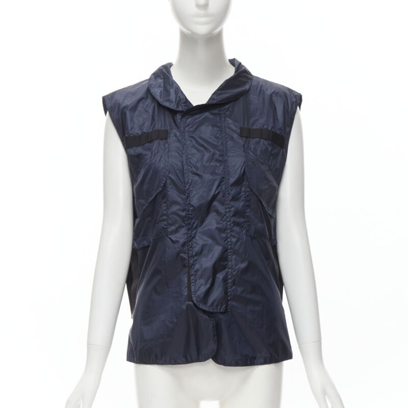 SACAI 2015 navy blue light nylon technical pocket grosgrain zip vest S
