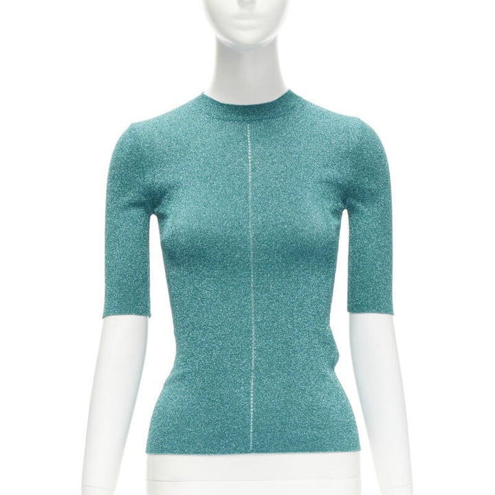 SAINT LAURENT turquoise blue metallic lurex lattice seam knitted top S