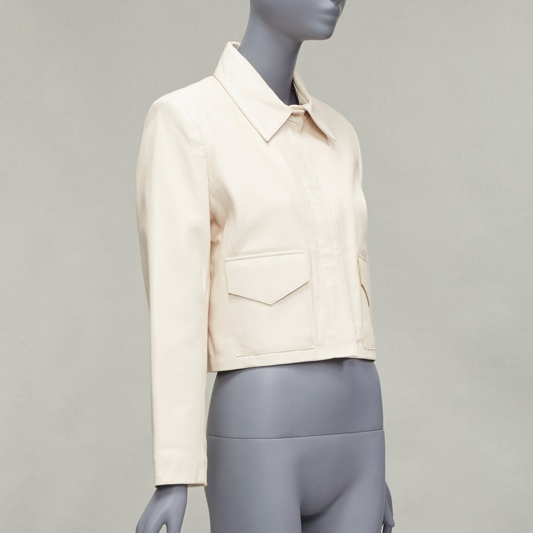 NOUR HAMMOUR cream lambskin minimal dual pocket cropped zip jacket IT36 XXS