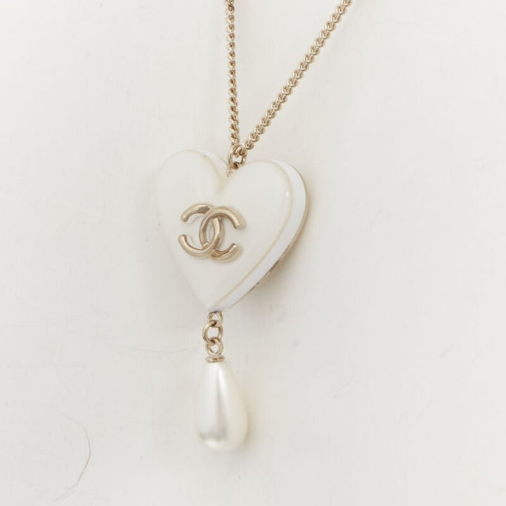 rare CHANEL B18 CC white heart drop pearl pendant necklace