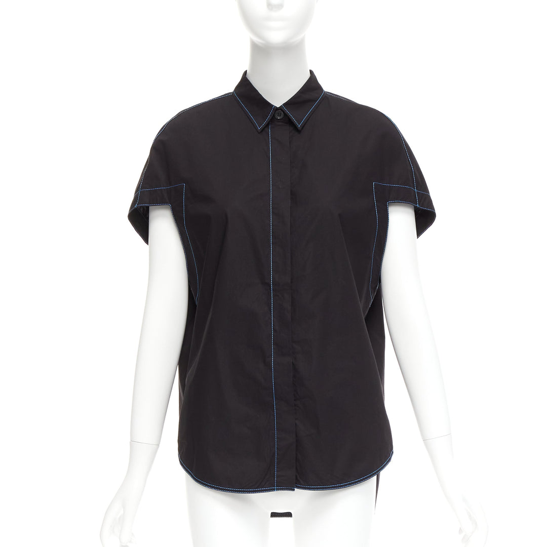 MARNI black blue topstitched round shoulder 3D cut boxy shirt IT40 S