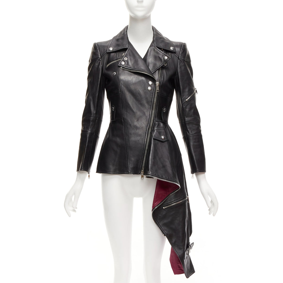 ALEXANDER MCQUEEN Runway black leather zip asymmetric hem biker jacket IT38 XS