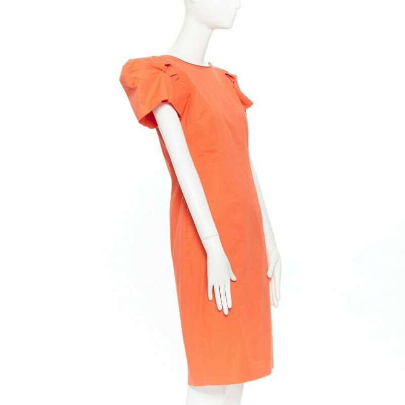 DSQUARED2 red orange ruche drape dart puff sleeve big shoulders dress IT44 L