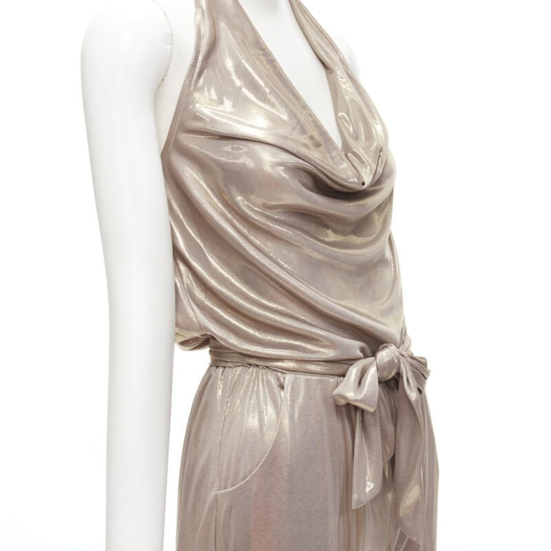 DIANE VON FUSTENBERG Carolette liquid metal gold halter backless jumpsuit S