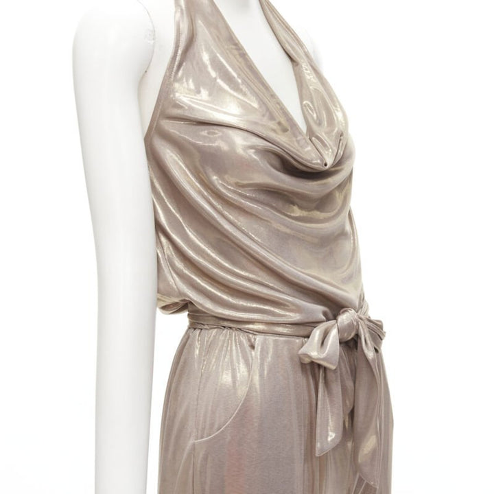 DIANE VON FUSTENBERG Carolette liquid metal gold halter backless jumpsuit S