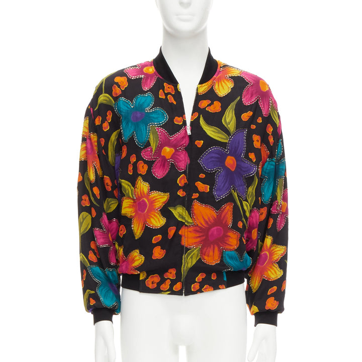 SAINT LAURENT 2021 Teddy floral crepe embellished bomber jacket FR44 XS