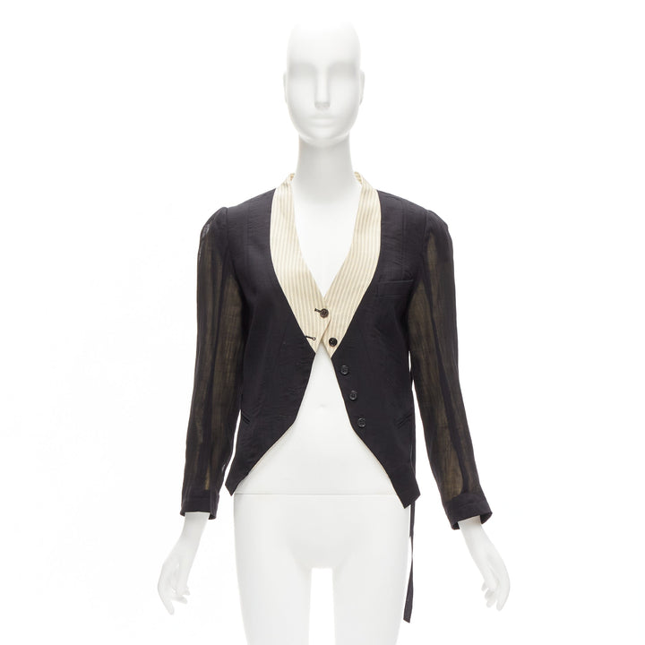 ANN DEMEULEMEESTER black overlay sheer cream topstitched jacket FR36 S