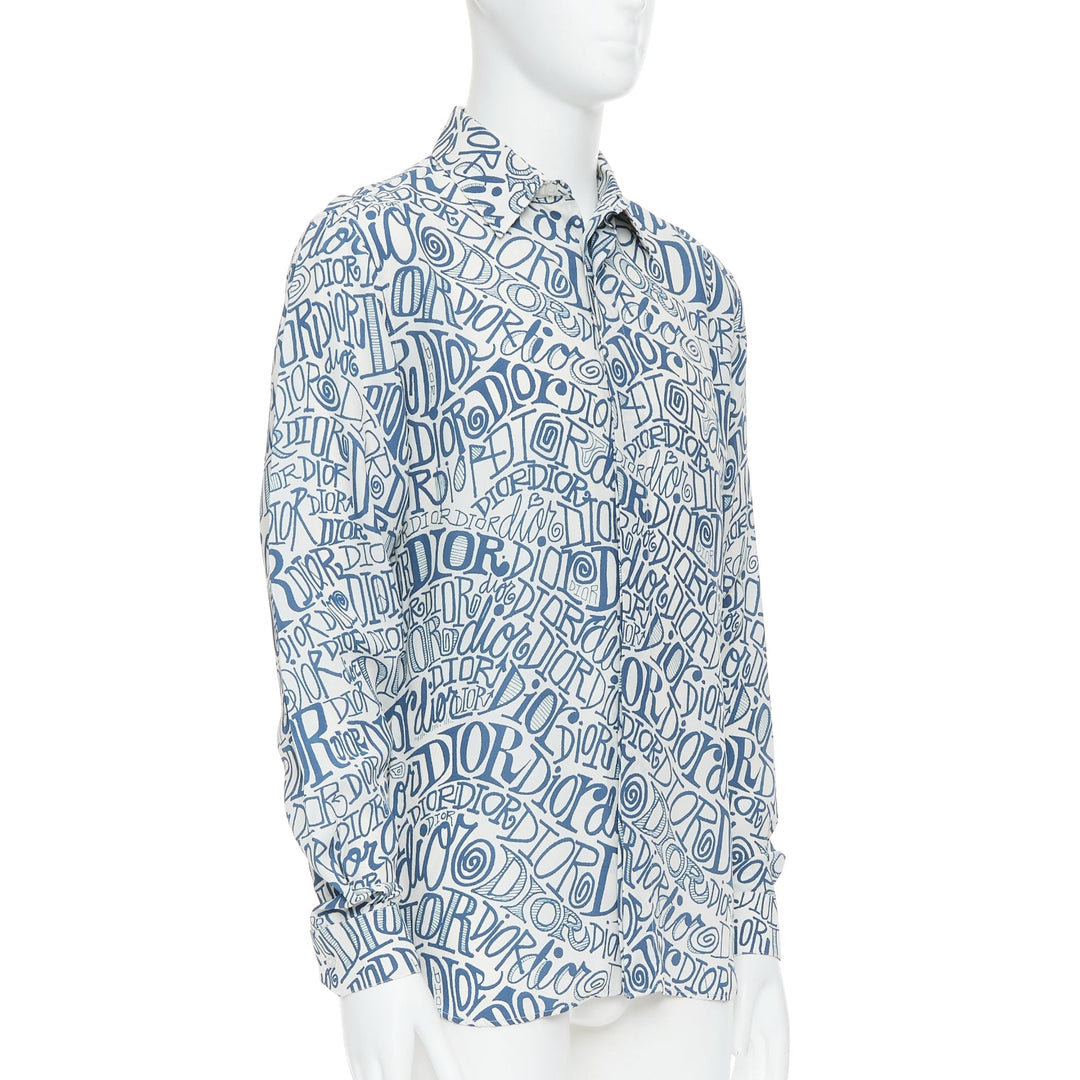 DIOR Shawn Stussy blue graffiti swirl logo print button down shirt EU38 S