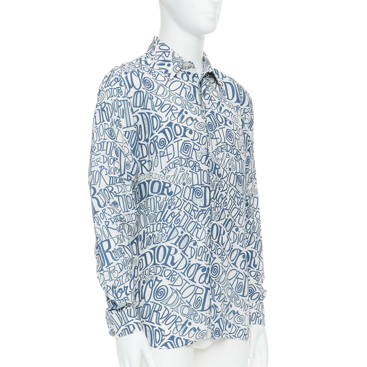 DIOR Shawn Stussy blue graffiti swirl logo print button down shirt EU38 S