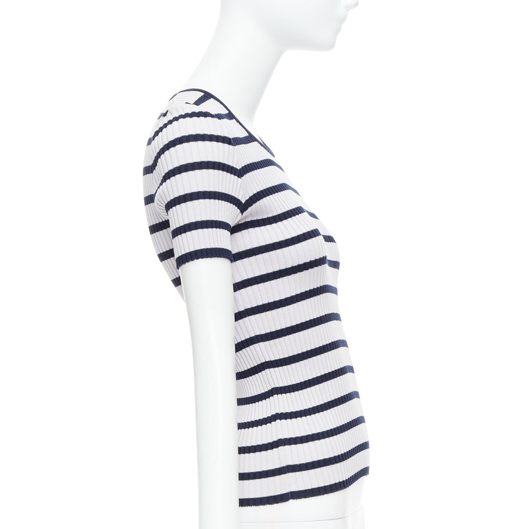 CHANEL 98P Vintage black grey ribbed cotton nautical striped logo top FR36 S