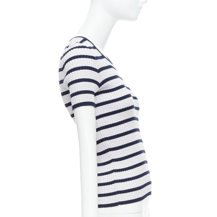 CHANEL 98P Vintage black grey ribbed cotton nautical striped logo top FR36 S