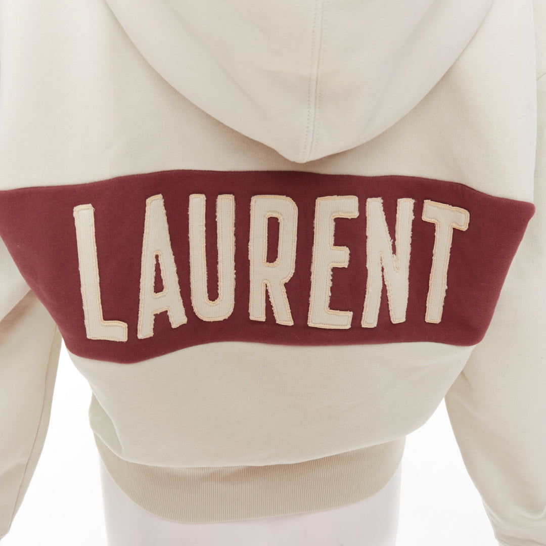 SAINT LAURENT 2022 taupe red logo applique drawstring crop hoodie XS