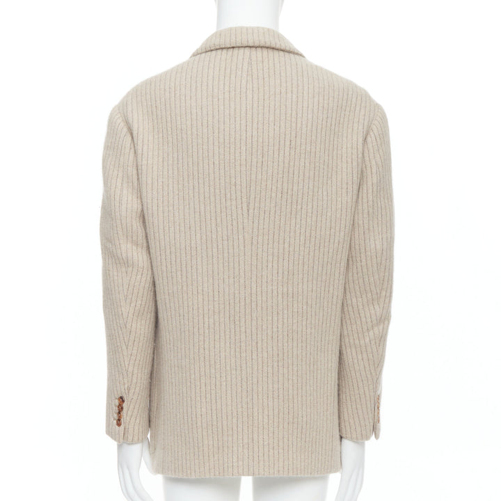 HERMES Angora Wool Cashgora beige verticle stripe knit boxy blazer FR48 M