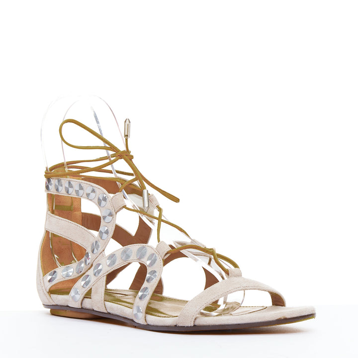 AQUAZZURA beige leather silver disc studded gladiator sandals EU36