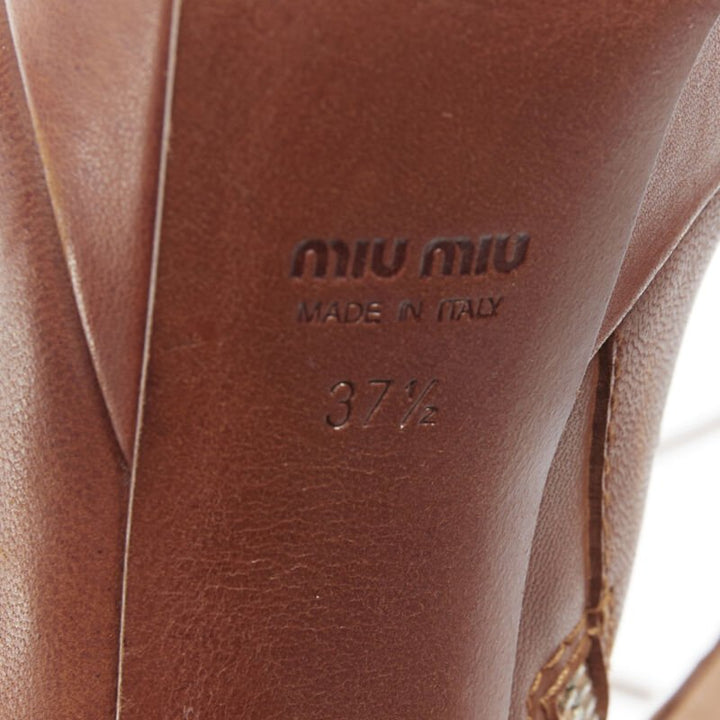 MIU MIU brown leather peep toe platform laced up high heel bootie EU37.5
