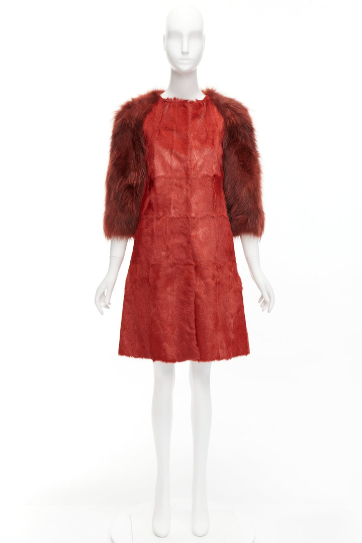 GIAMBATTISTA VALLI red genuine fur patchwork contrast raglan sleeve long coat