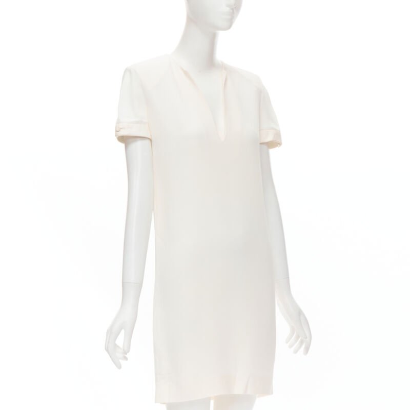 SAINT LAURENT 2013 Hedi Slimane ivory crepe leather trimmed V-neck dress FR36 S