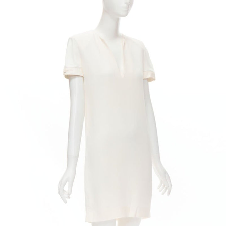 SAINT LAURENT 2013 Hedi Slimane ivory crepe leather trimmed V-neck dress FR36 S