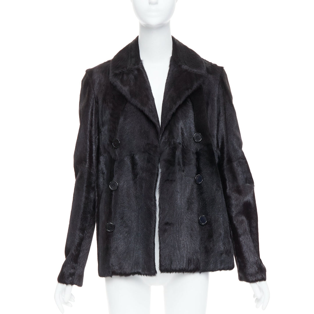 SAINT LAURENT 2017 black goat fur double breasted coat jacket FR44 2XL