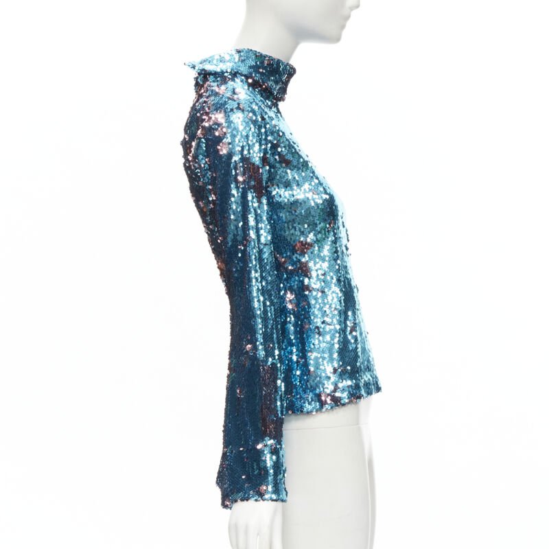 HALPERN blue purple double faced sequins turtleneck flared sleeve top FR34 XS
