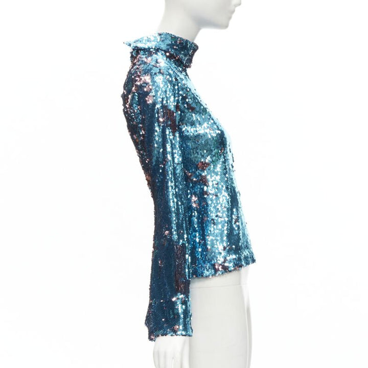 HALPERN blue purple double faced sequins turtleneck flared sleeve top FR34 XS