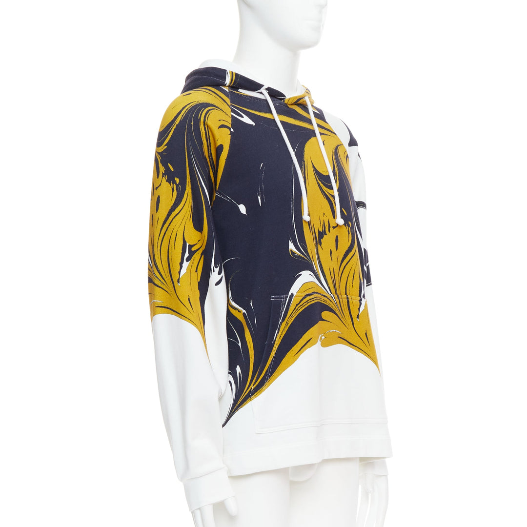 DRIES VAN NOTEN yellow black white marble swirl print cotton hoodie S