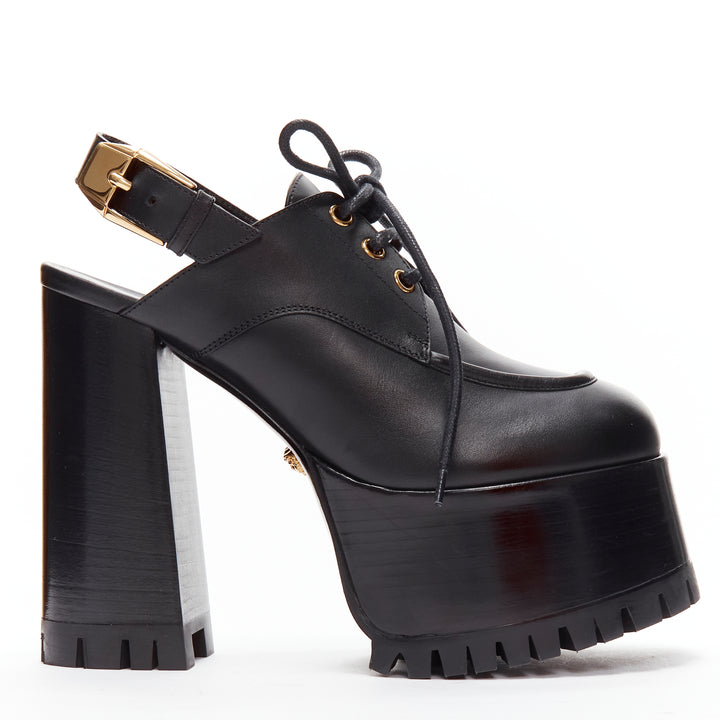 VERSACE black gold buckle sling back black 130mm platform loafer EU37
