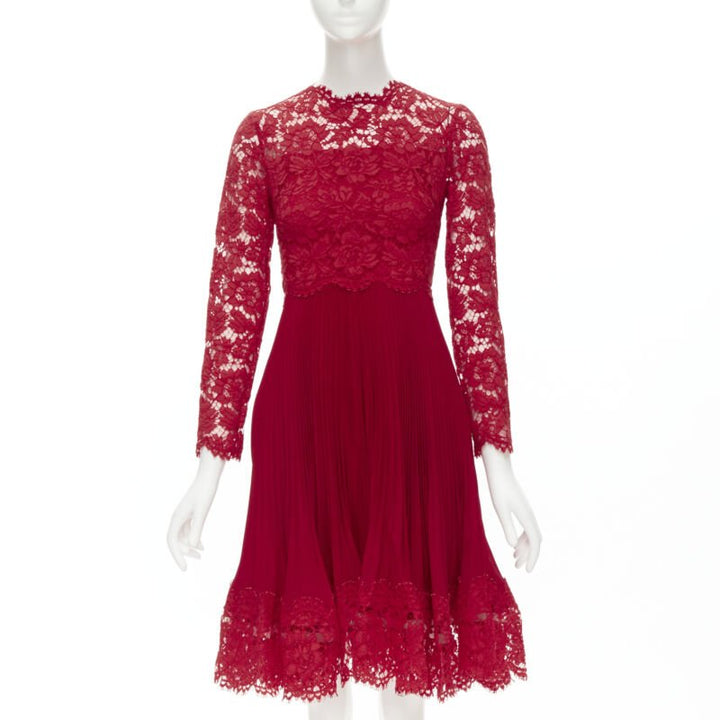 VALENTINO red floral lace knife pleat skirt cocktail dress IT38 XS