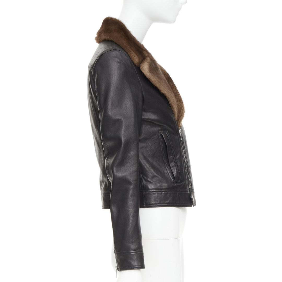 SAINT LAURENT 2018 brown mink fur black lambskin leather biker jacket FR38 M