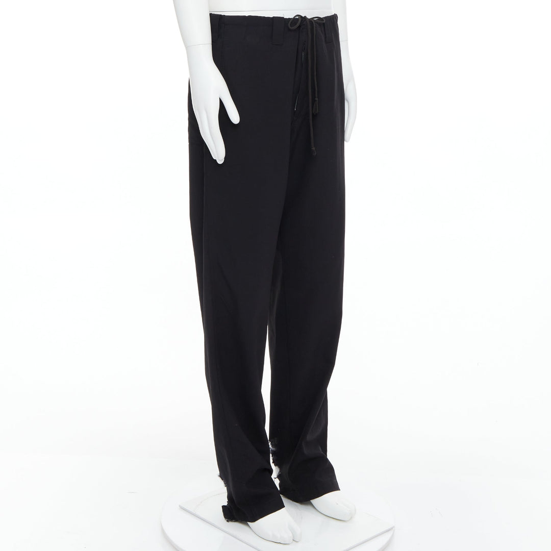 YOHJI YAMAMOTO black invisible drawstring distressed hem wide pants JP4 XL