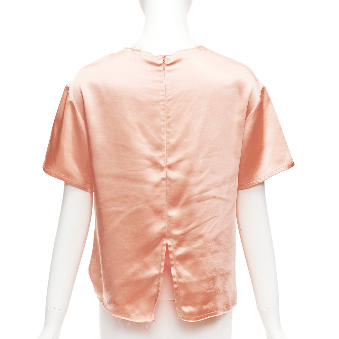 REGINA PYO pink silky satin front knot crew neck frayed edge collar top S