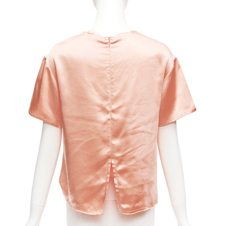 REGINA PYO pink silky satin front knot crew neck frayed edge collar top S