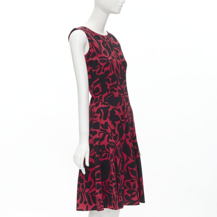 OSCAR DE LA RENTA red black floral print panelled fit flared dress XS
