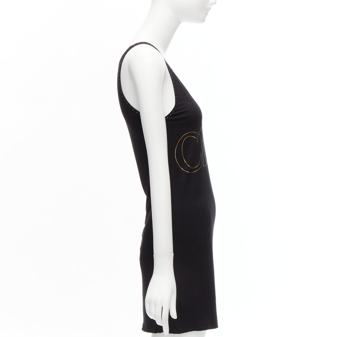 CHLOE gold foil logo black topstitch detail rock chic tank top dress S