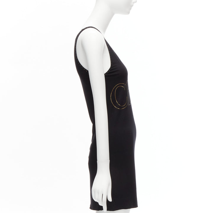 CHLOE gold foil logo black topstitch detail rock chic tank top dress S