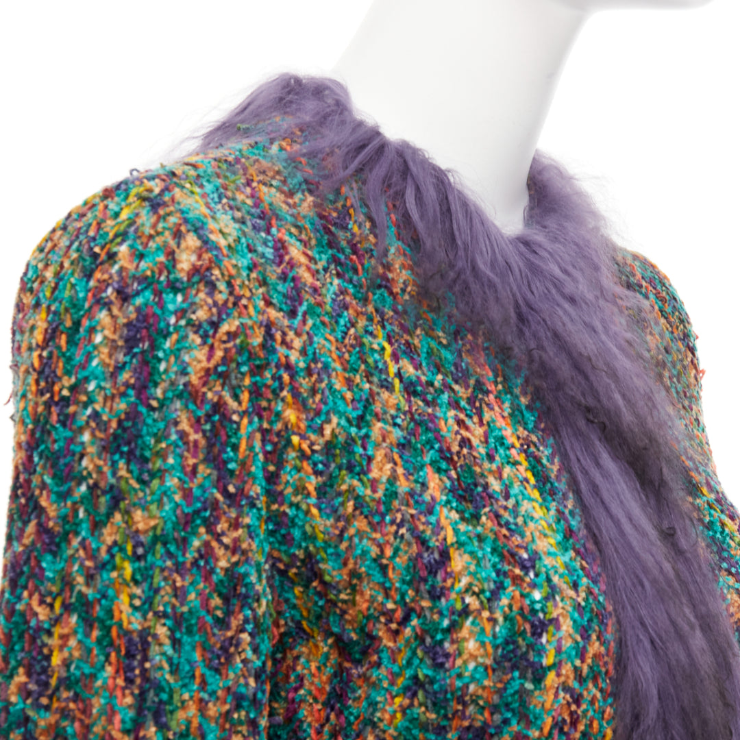 rare EMANUEL UNGARO purple faux fur trim green speckled tweed jacket IT38 XS