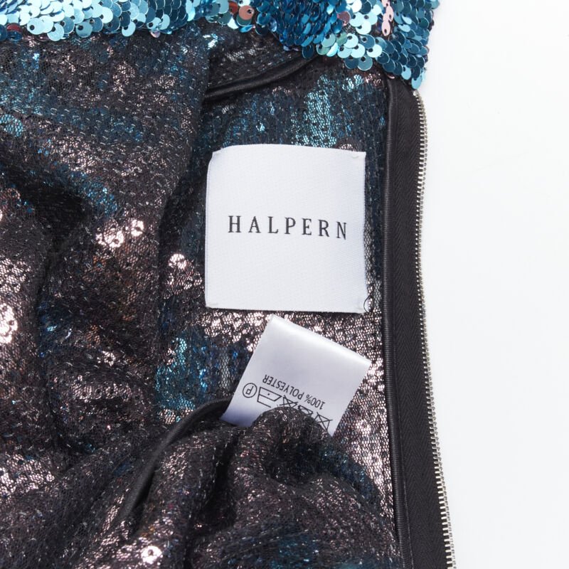 HALPERN blue purple double faced sequins turtleneck flared sleeve top FR34 XS